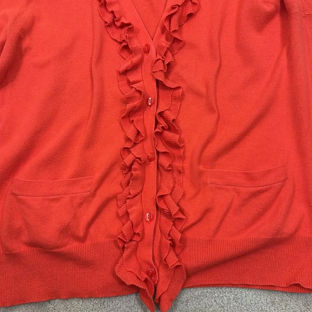J. Crew Coral Orange Ruffle Button Front Coquette Cardigan Sweater Women Medium